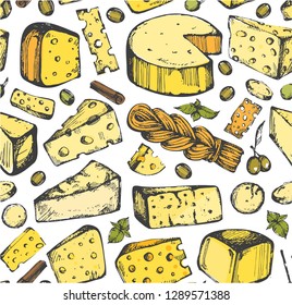 Seamless pattern with colorful doodle cheese