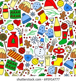 Seamless pattern with colorful doodle Christmas and New Year items.