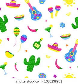 Seamless pattern with colorful doodle Cinco de mayo icons.