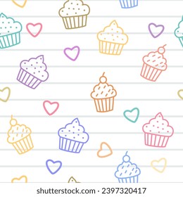 Patrón inmaculado con doodle colorido de quequitos y corazones. Patrón divertido y alegre dibujado a mano para papel pintado, fondo, textil, papel envolvente. etc. 