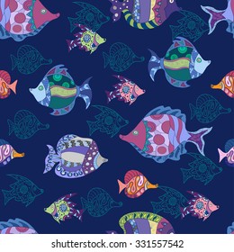 Seamless pattern with colorful doodle fish, 