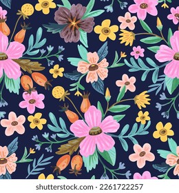 Seamless pattern with colorful doodle floral compositions and elements in watercolor style for decor, greeting cards.