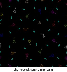 Seamless pattern of colorful doodle flower and green leaf black background for paper work, fabric business, wallpaper or background. Vector design.
