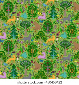 Seamless pattern of colorful doodle forest animals and plants. Vector illustration of childish woodland