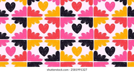Patrón sin fisuras con coloridos Doodle Grunge Amor Corazones y Nubes. Dibujos románticos a lápiz con textura dibujada a mano, fondo retro