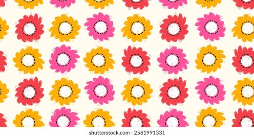 Seamless Pattern with Colorful Doodle Grunge Cute Flowers. Retro wallpaper. Pencil naive cartoon drawings with hand drawn texture, modern background with freehand design