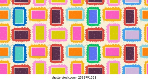 Padrão contínuo com retângulos geométricos grunge coloridos. Papel de parede retrô. Desenhos românticos a lápis com textura desenhada à mão, fundo vintage
