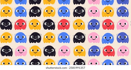 Seamless Pattern with Colorful Doodle Grunge Funny Ghosts. Retro wallpaper. Pencil naive cartoon drawings with hand drawn texture, modern background with freehand design