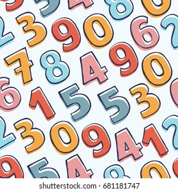 Seamless pattern with colorful doodle hand drawn numbers on white. Hand drawn vector background. Different color sights
