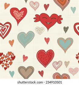 seamless pattern with colorful doodle hearts on texture background