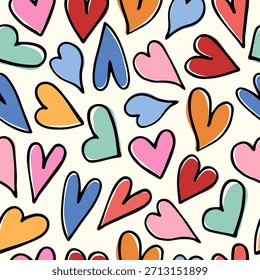 Un patrón sin fisuras con corazones de doodle de colores. Una decoración romántica para una tarjeta de felicitación de San Valentín o fondo de invitación de boda. Vector.