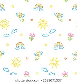 Seamless pattern with colorful doodle kid drawing. Fun icons, childish drawings such as rainbow, sun, cloud, bee, butterfly and flower isolated on white background.