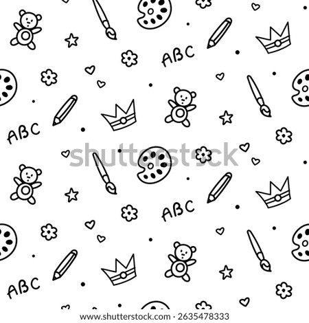 Seamless pattern with colorful doodle kid drawing. Fun childish drawings of toys,, cloud, bee, butterfly and flower isolated on white background.