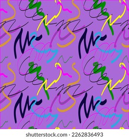 Seamless pattern with colorful doodle lines on a lilac background. Abstract playful background.