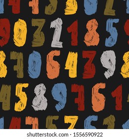 Seamless pattern with colorful doodle numbers. Hand drawn vector background. Black background. 