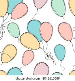 Seamless pattern with colorful doodle party balloons. Vector illustration. Child drawing style. Ideal for baby shower invitation or textile