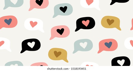 Seamless pattern with colorful doodle speech bubbles with heart icons. Vector illustration. Seamless pattern. Love bubble pattern in scandinavian style. Kids pattern