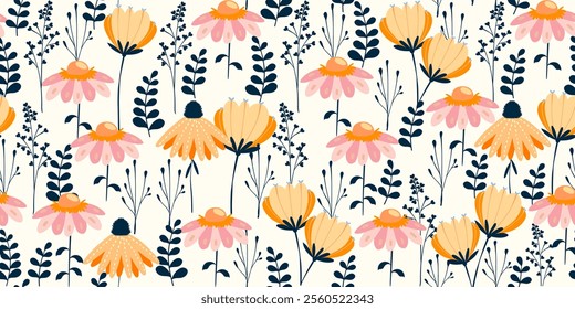 Seamless Pattern with Colorful Doodle Spring Flowers. Cartoon stylized summer plants in hand drawn style. Sweet nature design for textile, fashion fabric, home decor, wall art, cards, print