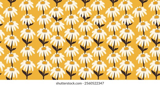 Seamless Pattern with Colorful Doodle Spring Chamomile Flowers. Cartoon stylized summer plants in hand drawn style. Sweet nature design for textile, fashion fabric, home decor, wall art, cards, print