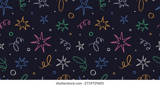 Seamless pattern with colorful doodle stars, confetti and abstract lines. Playful hand drawn designs for celebration events. Trendy vector illustration on dark background, sketch style