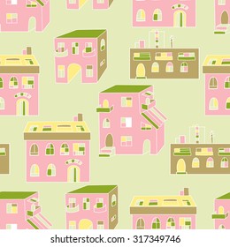 Seamless pattern in colorful doodle style with hand drawn building elements.