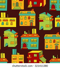 Seamless pattern in colorful doodle style with hand drawn building elements.