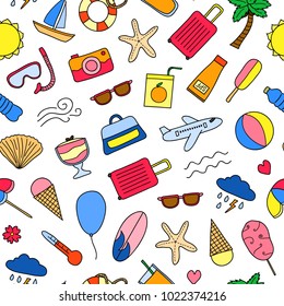 Seamless pattern with colorful doodle summer and vacation items.