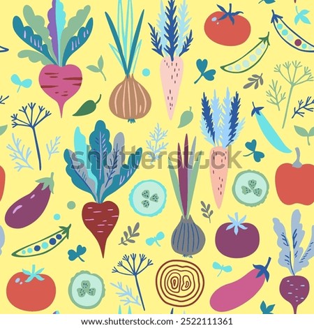 Seamless pattern with colorful doodle vegetables. Cute modern trendy vector illustration.