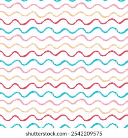 Padrão contínuo com linhas onduladas coloridas doodle. giz de lápis Crayon texturizado Criança desenhado rabiscos. Abstract Playful bonito Fundo para tecido, capa, embalagem, papel de parede crianças Design