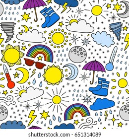 Seamless pattern with colorful doodle weather items.