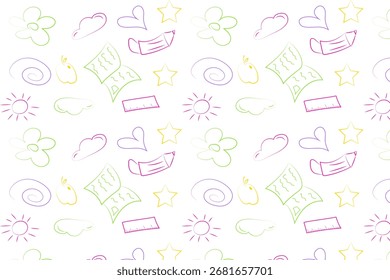 A seamless pattern of colorful doodles including hearts, stars, suns, flowers, a notebook, a pencil, and a ruler on a white background.