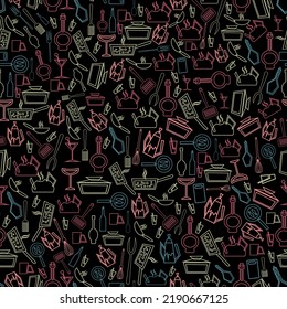 seamless pattern with colorful doodles kitchen utensil in black background