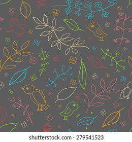Seamless pattern of colorful doodles of leaves, branches and birds on a gray background.