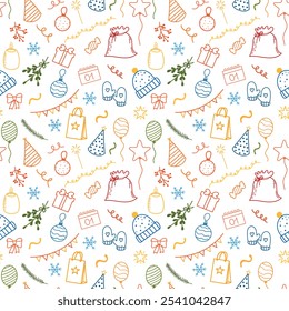 Seamless pattern with colorful doodles, New Year and Christmas items. Garland, balls, balloons, party hats, gift box, calendar, candy. Traditional winter symbols, elements. Vector pattern, outline.