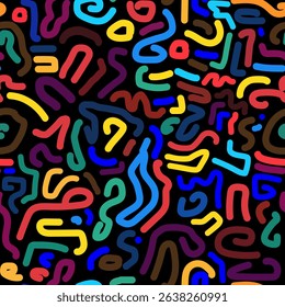 
Seamless pattern with colorful doodles on a black background. Vector illustration for your designs and prints in colorful cartoon style