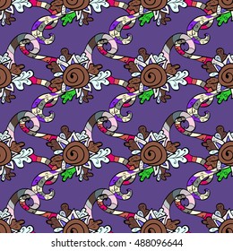 Seamless pattern with colorful doodles. White curls on lilac purple background