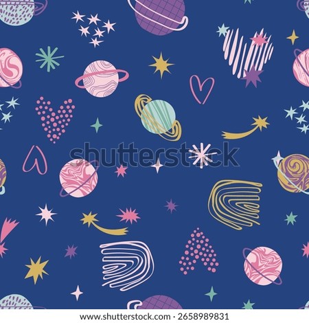 Seamless pattern with colorful doodle-style planets, shooting stars, and heart shapes on a deep navy background. cosmic and romantic elements, apparel, wrapping paper, digital backdrops, Vector tile