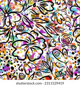 Seamless pattern of colorful dots , flowers and leaves. Vector illustration