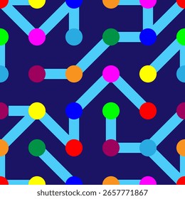 Seamless pattern with colorful dots and lines randomly connecting dots on a dark blue background. Vector illustration of an abstract background reminiscent of transport lines on a map