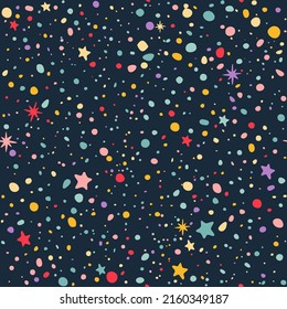 Seamless Pattern with Colorful Dots and Stars on Dark Night Sky. Vector Cosmic Background