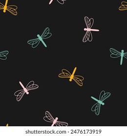 Patrón sin fisuras con libélulas de colores y fondo negro