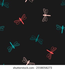 Seamless pattern with colorful dragonflies and black background