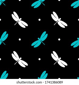 Seamless pattern with colorful dragonflies. Blue and white elements on a black background. Stock vector illustration. Creative idea for modern designs backdrops, cards, textiles, packings, fabric.