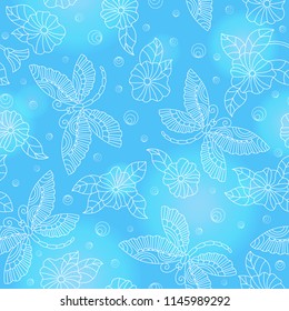 Seamless pattern with colorful dragonflies and flowers ,light  outlines on blue background