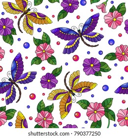 Seamless pattern with colorful dragonflies and flowers on a white background
