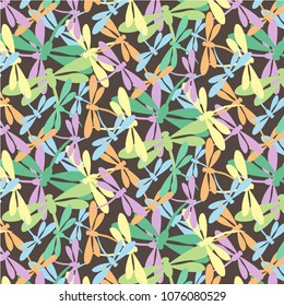 Seamless pattern with colorful dragonflies on brown background.