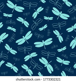 Seamless pattern with colorful dragonflies. Turquoise silhouettes and outlines insects on a dark blue background. Vector illustration. Great for designs backdrops, cards, textiles, packings, fabric.