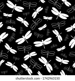 Seamless pattern with colorful dragonflies. White silhouettes and outlines insects on a black background. Vector illustration. Great for designs backdrops, cards, textiles, packings, fabric, wrapping.