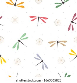 Seamless pattern Colorful dragonfly background With the pollen spread around Cute design ideas Used for printing, greeting cards, gift wrap, baby clothes, textiles. Vector illustration