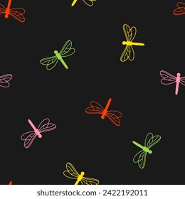 Seamless pattern with colorful dragonfly and black background